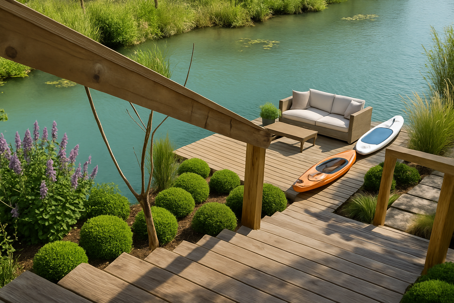 Waterfront dock with kayaks