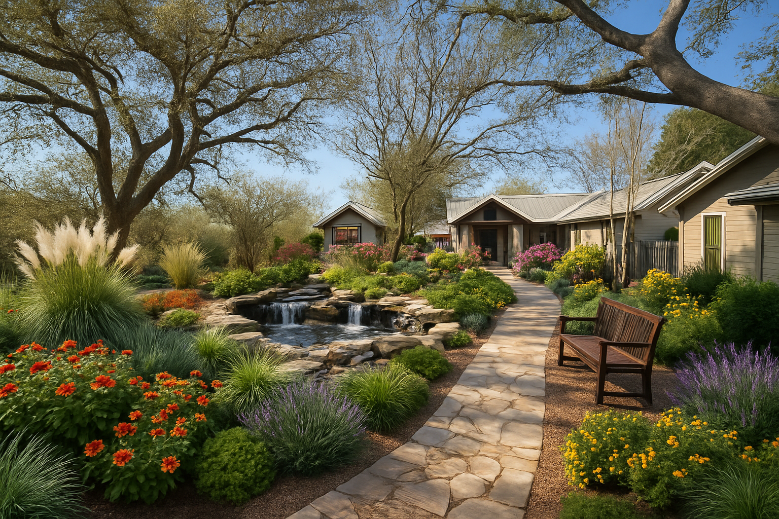 Gardens and waterfall walkway